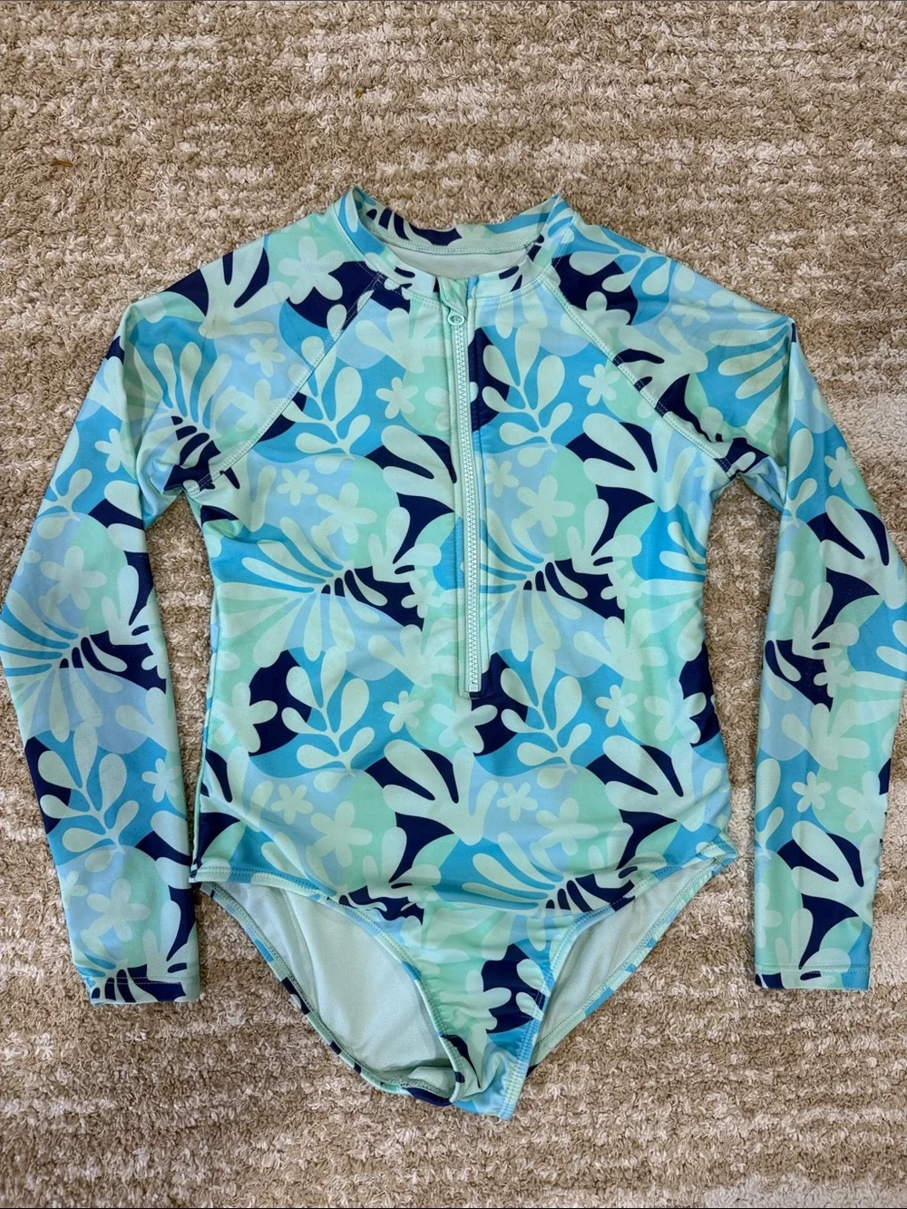 Wonder Nation Long-Sleeve Girls' Floral Rash Guard Swimsuit - Aqua Blue